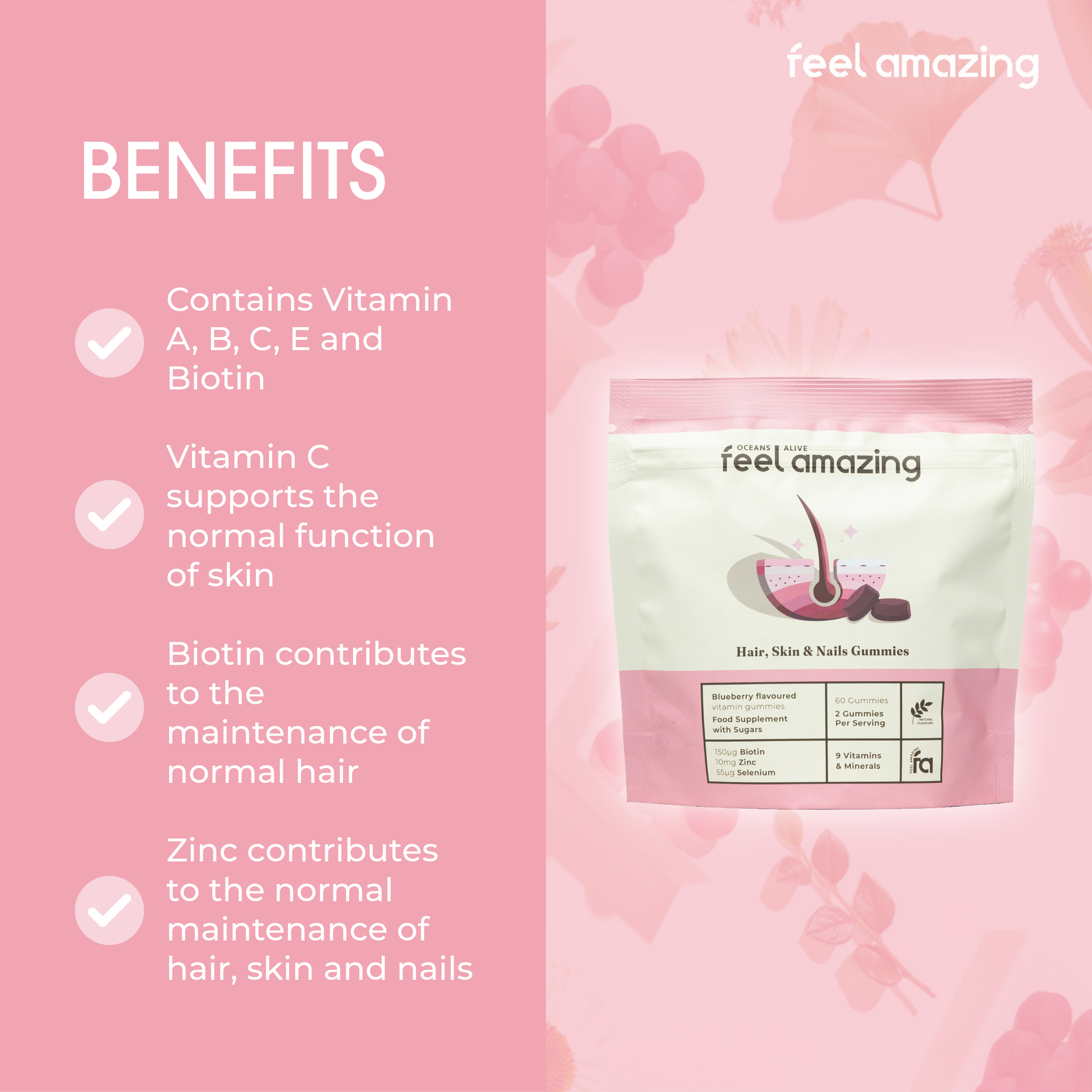 Feel Amazing Feel Amazing Hair, Skin & Nails Complex | 60 Gummies | Pouch