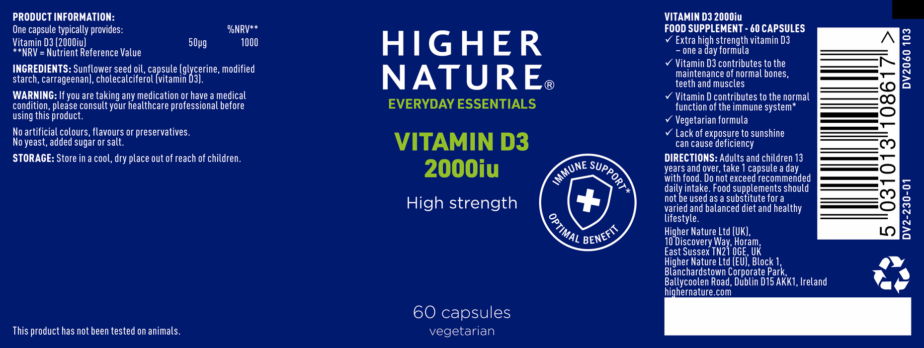 Higher Nature Higher Nature Vitamin D3 2000IU | 120 Capsules