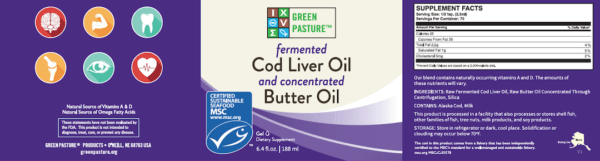 Green Pasture Blue Ice Royal Blend Green Pasture Fermented Cod Liver Oil and Concentrated Butter Oil | 180ml